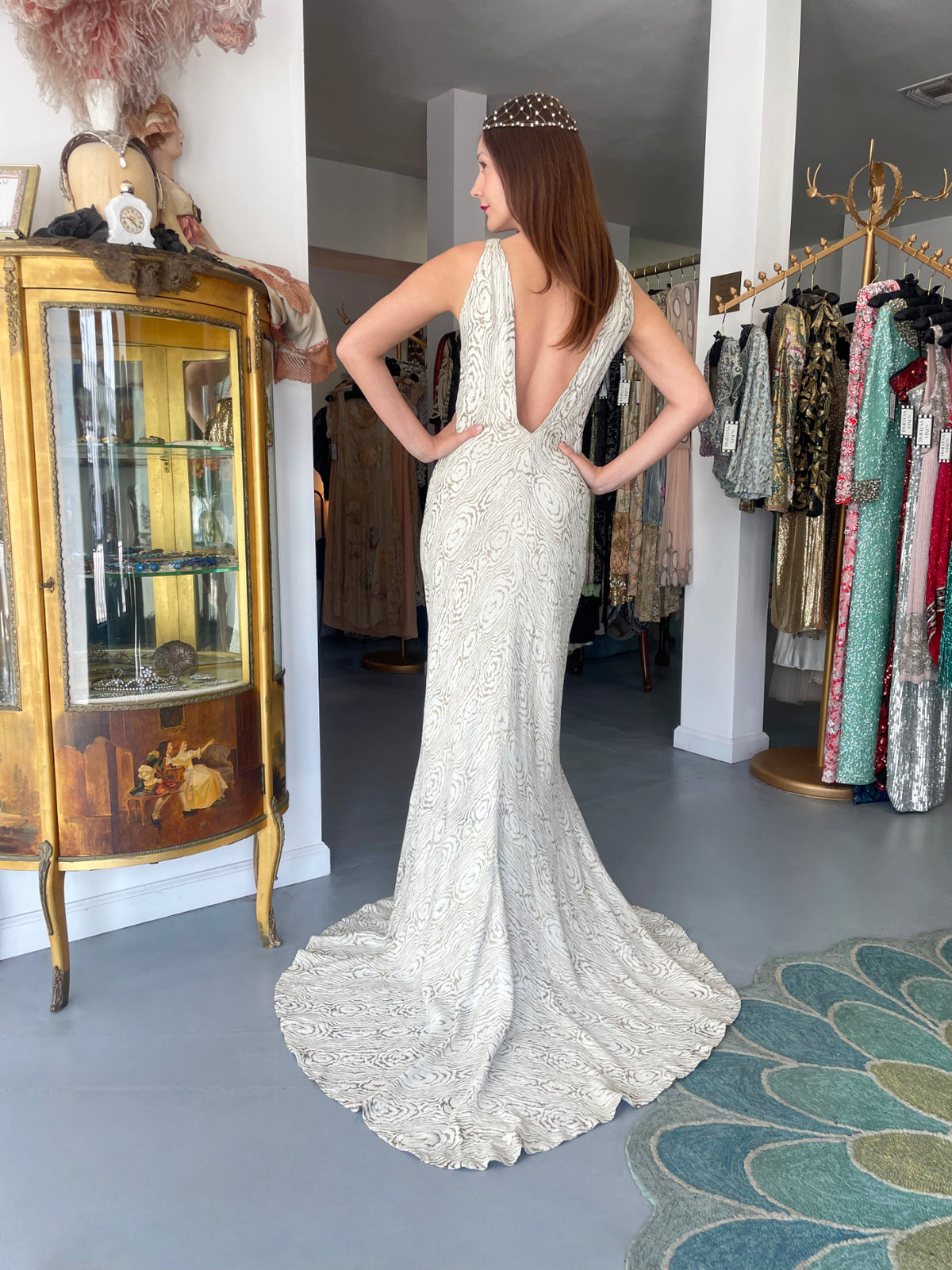 1930's Metallic Wood-Patterned Lamé Deco Appliqué Bias-Cut Trained Bridal Gown