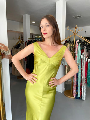 1995 Gianni Versace Couture Documented Runway Chartreuse Silk Off-Shoulder Gown