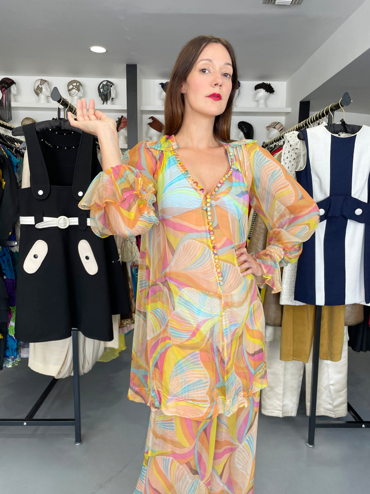 1967 Jean Muir Documented Psychedelic Op-Art Sheer Silk Tunic Mini Dress &amp; Pants