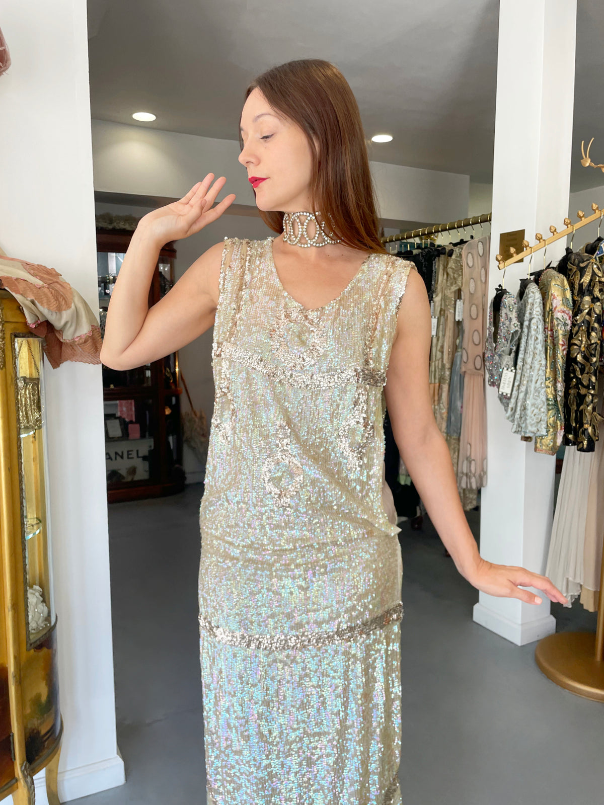 1920&#39;s Iridescent Ivory &amp; Gold Beaded Sequin Sheer-Net Tabard Flapper Dress