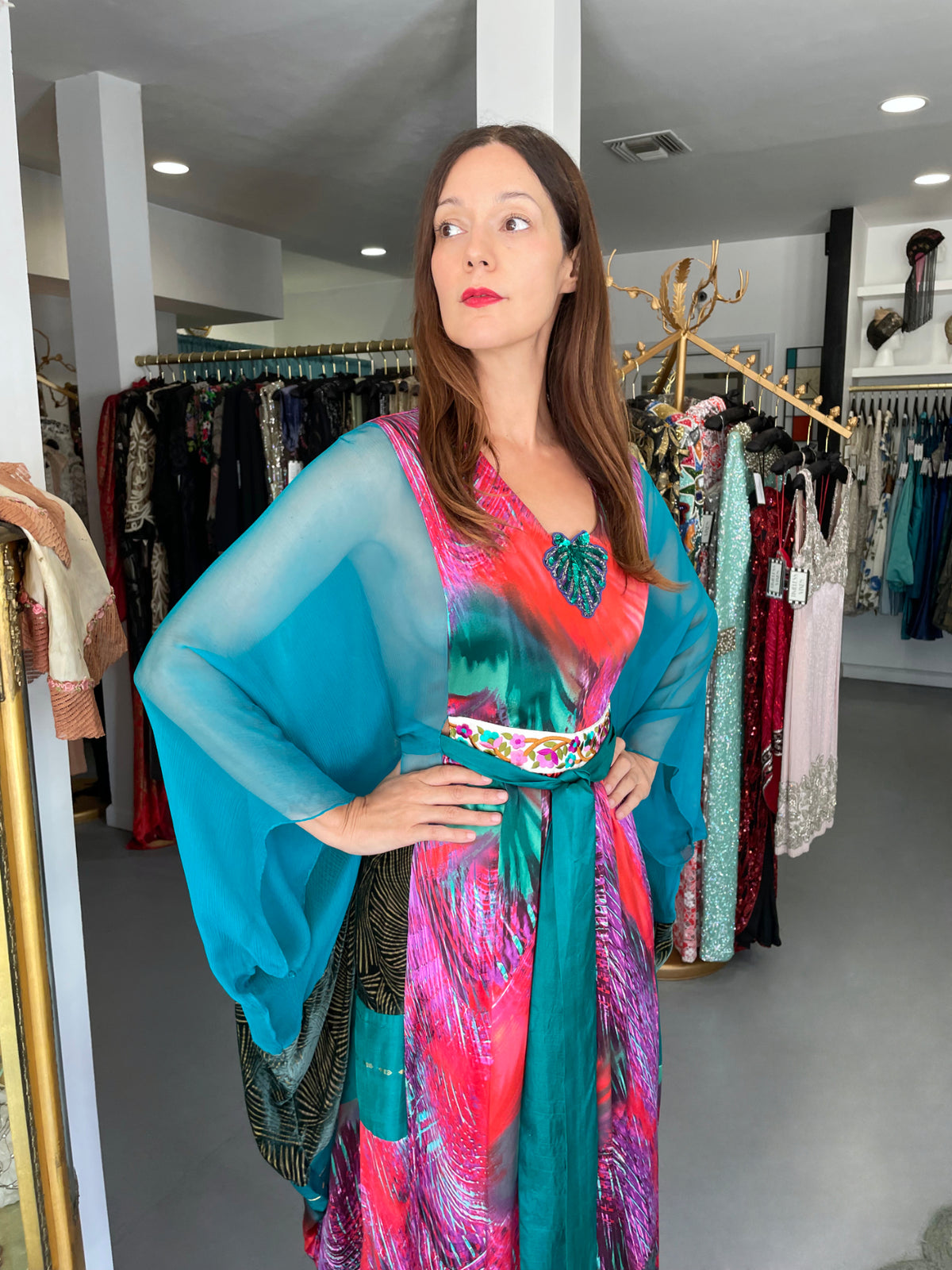 1970 Thea Porter Couture Colorful Patchwork Sheer Silk Bohemian Abaya Caftan