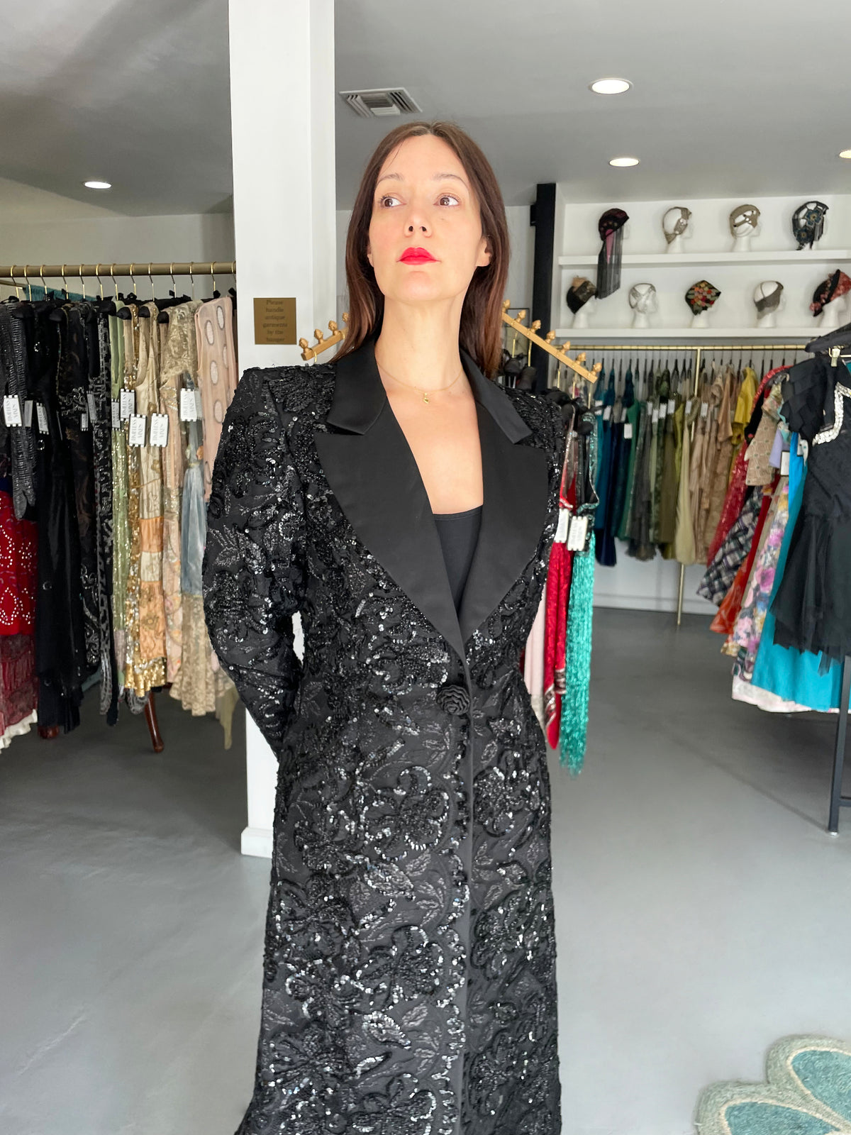 1984 Yves Saint Laurent Haute Couture Sequin Satin Maxi Tuxedo Jacket