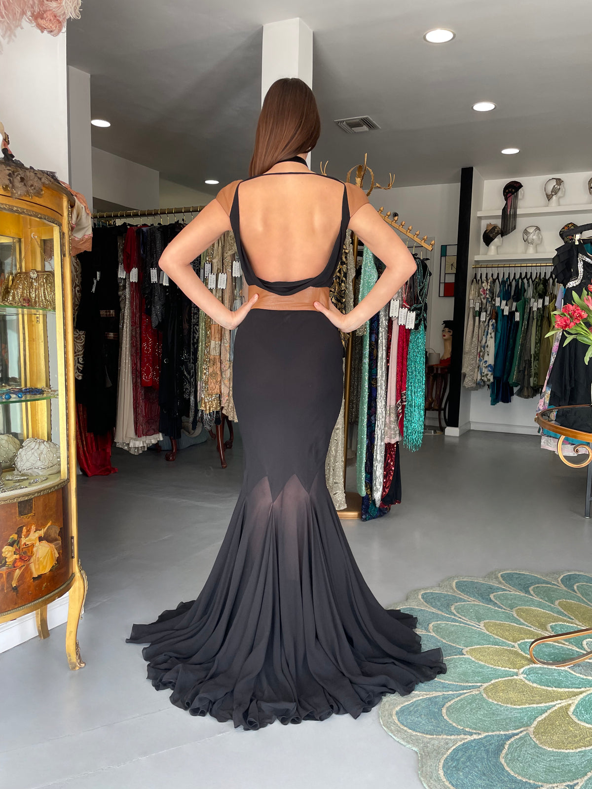 2001 Versace Couture Documented Runway Black Sheer Silk &amp; Leather Bias-Cut Gown