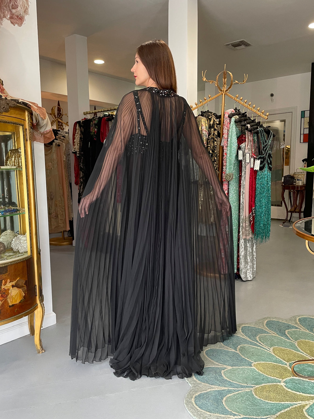 1969 Bob Mackie Couture Documented Beaded Nude-Illusion Pleated Silk Cape Gown