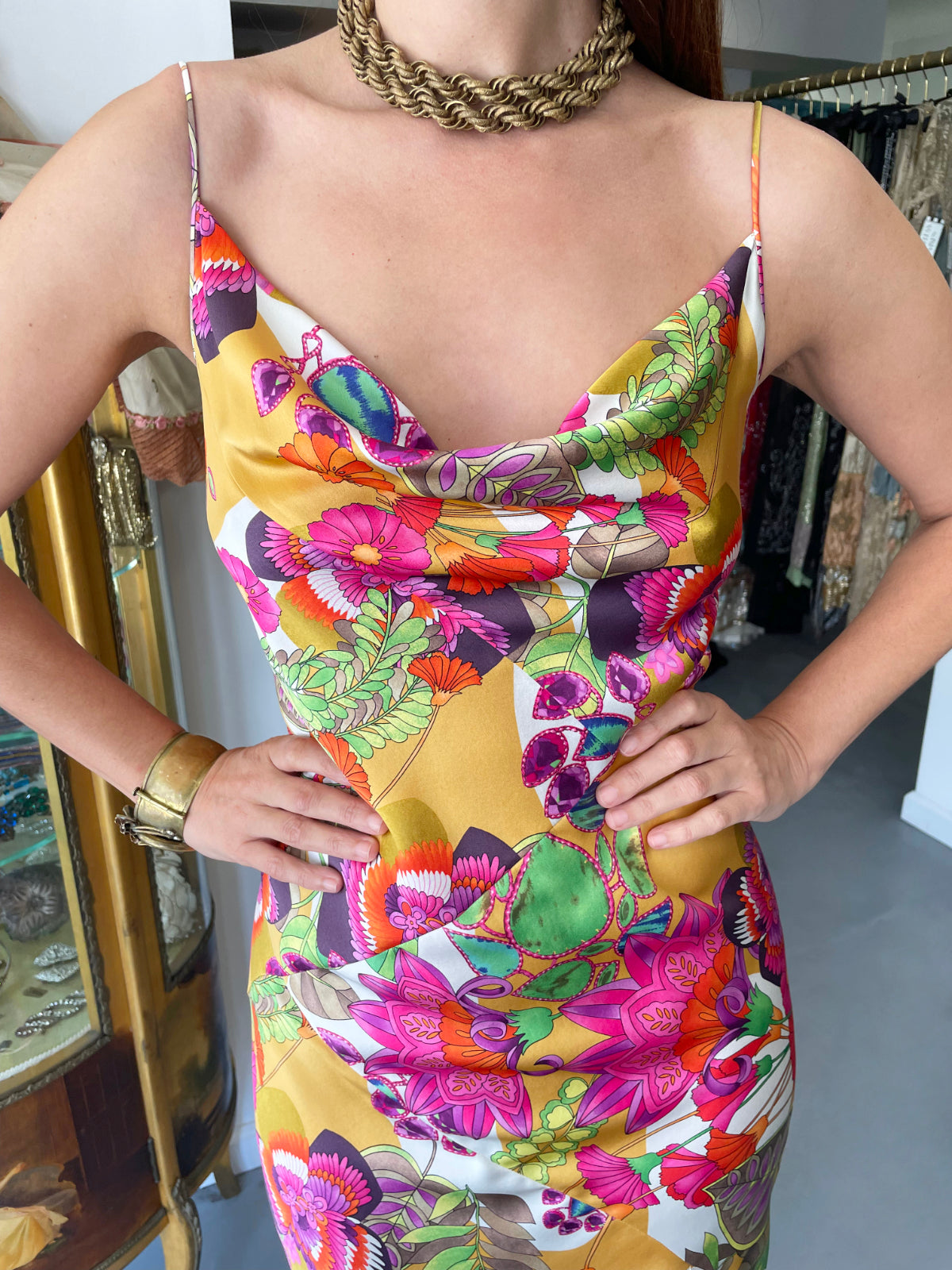 2005 Christian Dior by John Galliano Colorful Tie Dye Floral Silk Bias-Cut Dress