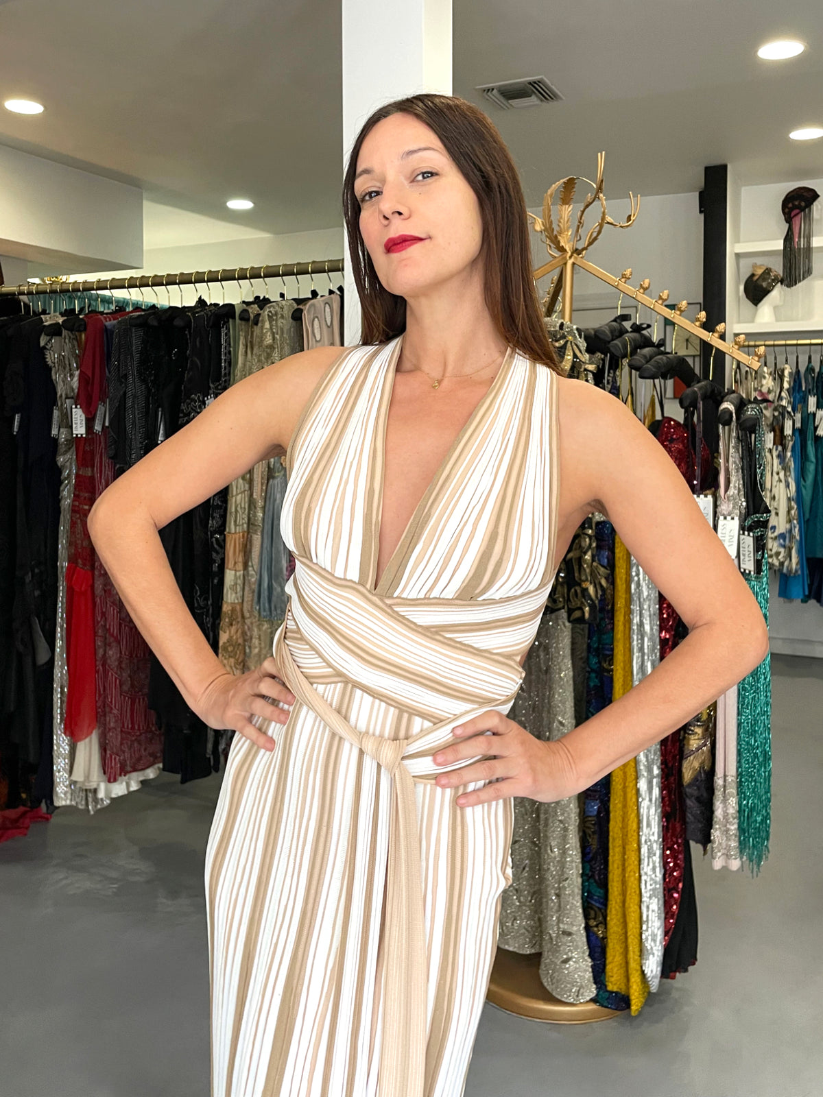 2002 Christian Dior by John Galliano Striped Stretch Knit Low-Plunge Gown