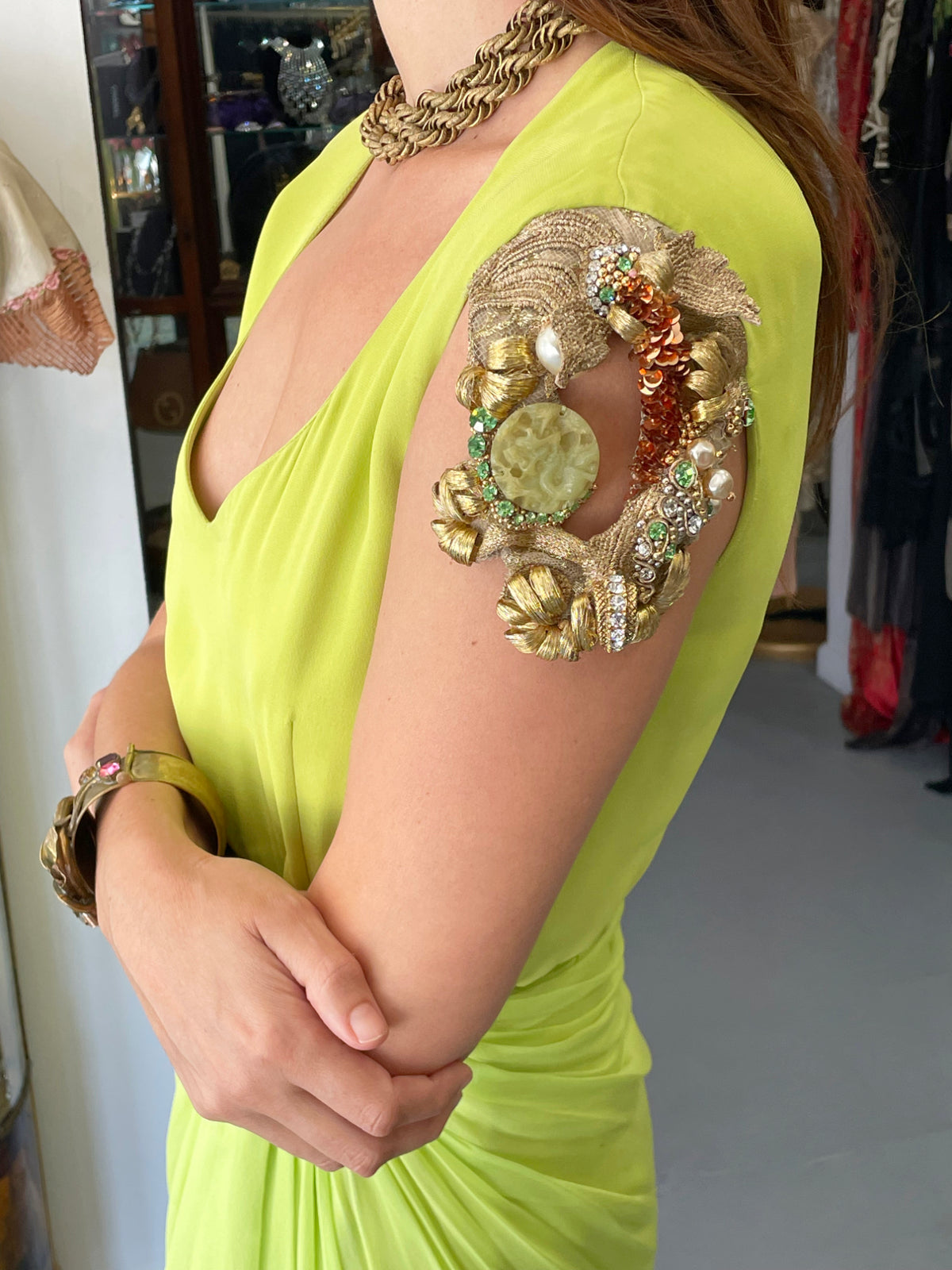 1991 Christian Dior by Gianfranco Ferré Chartreuse Silk Metallic Beaded Draped Dress