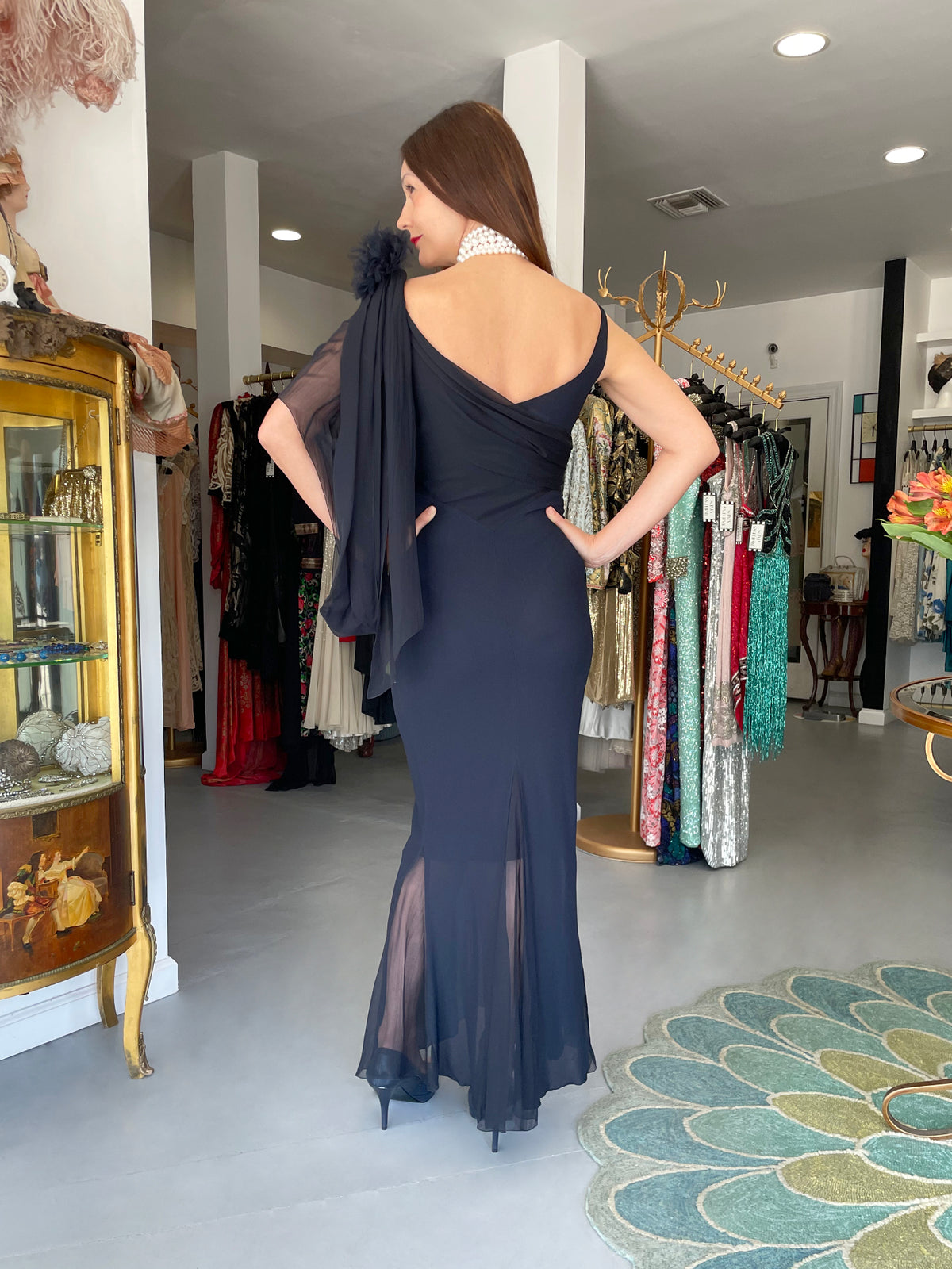 2002 Chanel Cruise Collection Midnight Blue Silk Chiffon Draped Bias-Cut Gown