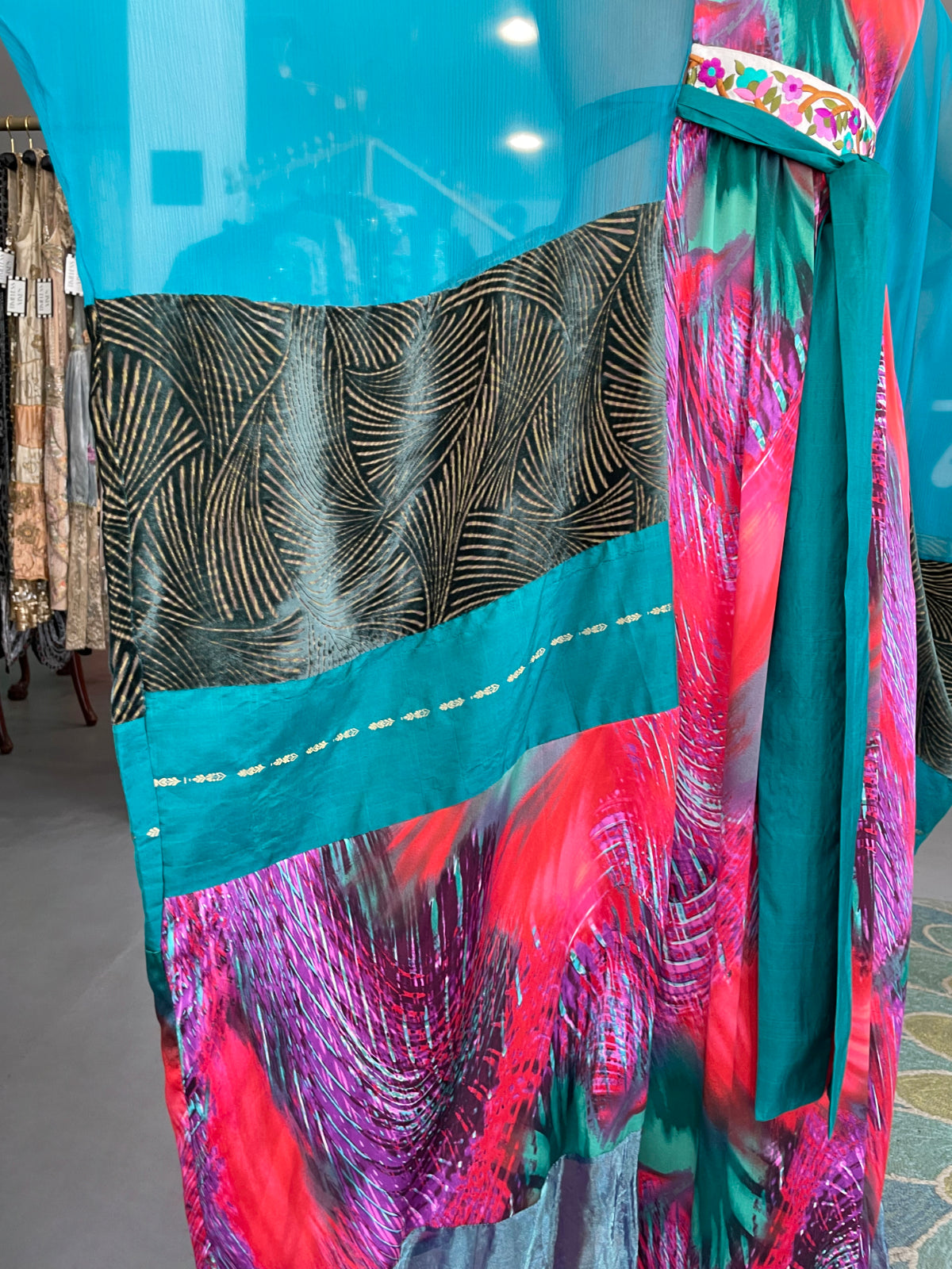 1970 Thea Porter Couture Colorful Patchwork Sheer Silk Bohemian Abaya Caftan