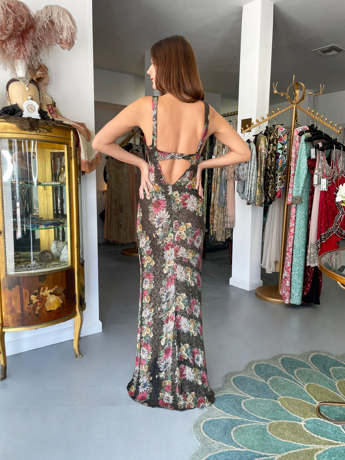 1930&#39;s Colorful Metallic Floral Motif Lamé Cut Out Back Hourglass Bias-Cut Gown