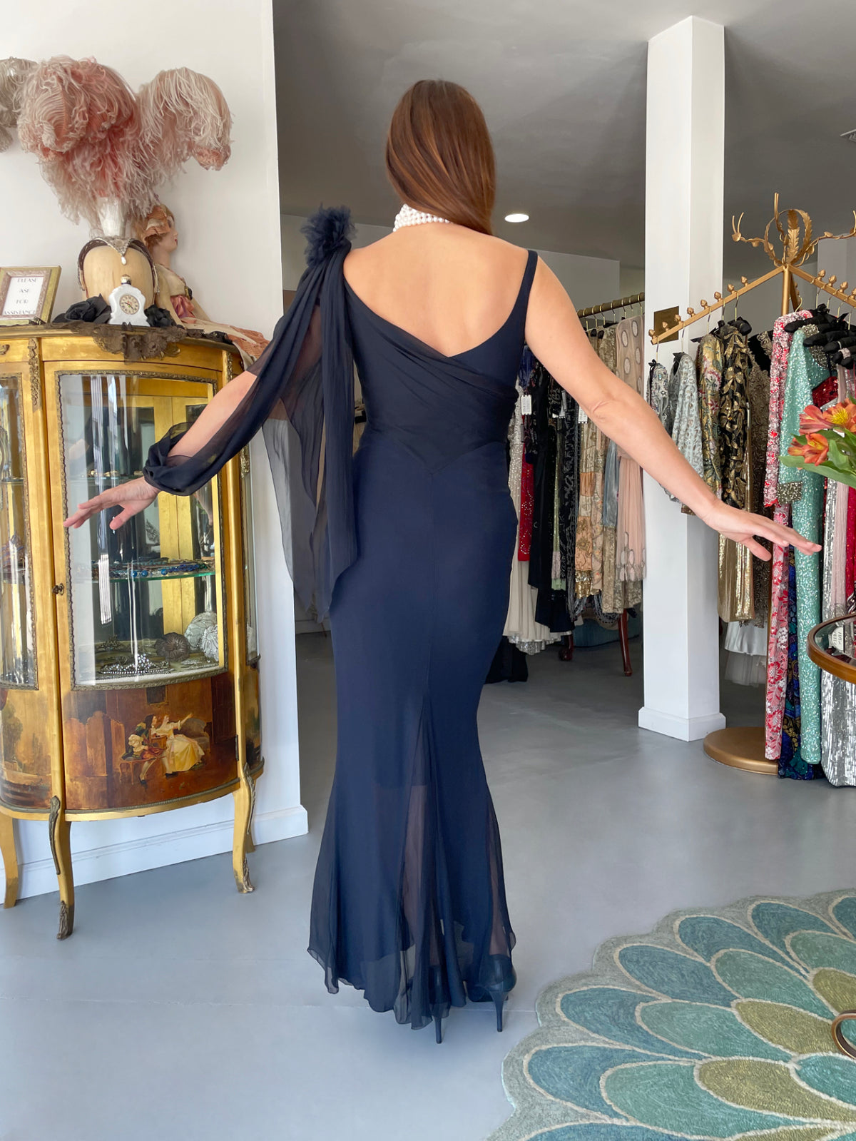 2002 Chanel Cruise Collection Midnight Blue Silk Chiffon Draped Bias-Cut Gown