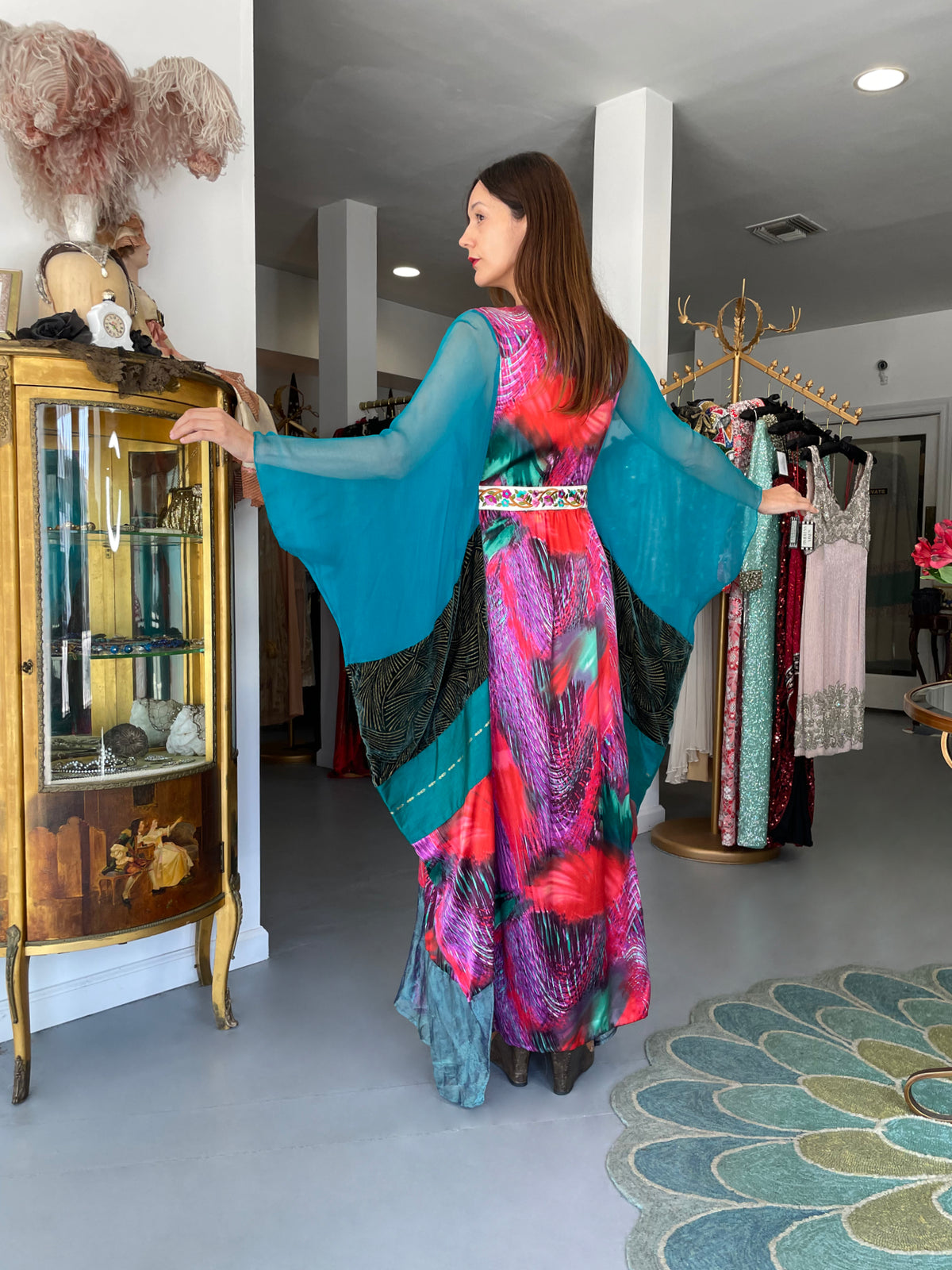 1970 Thea Porter Couture Colorful Patchwork Sheer Silk Bohemian Abaya Caftan