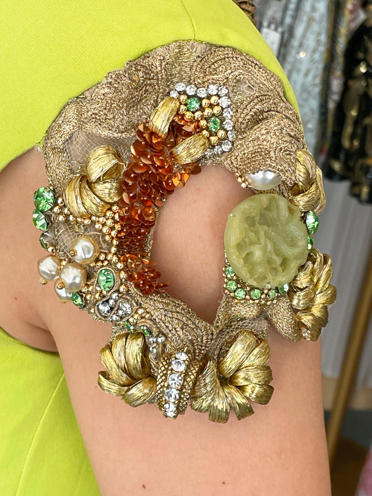 1991 Christian Dior by Gianfranco Ferré Chartreuse Silk Metallic Beaded Draped Dress