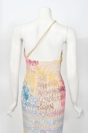 1990's Mike Benet Rainbow Sequin Silk Asymmetric Hourglass Versace-Like Gown