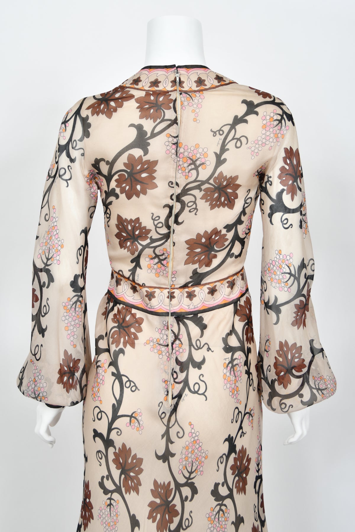 1972 Emilio Pucci Grapevine Motif Sheer Silk Organza Billow-Sleeve Maxi Dress