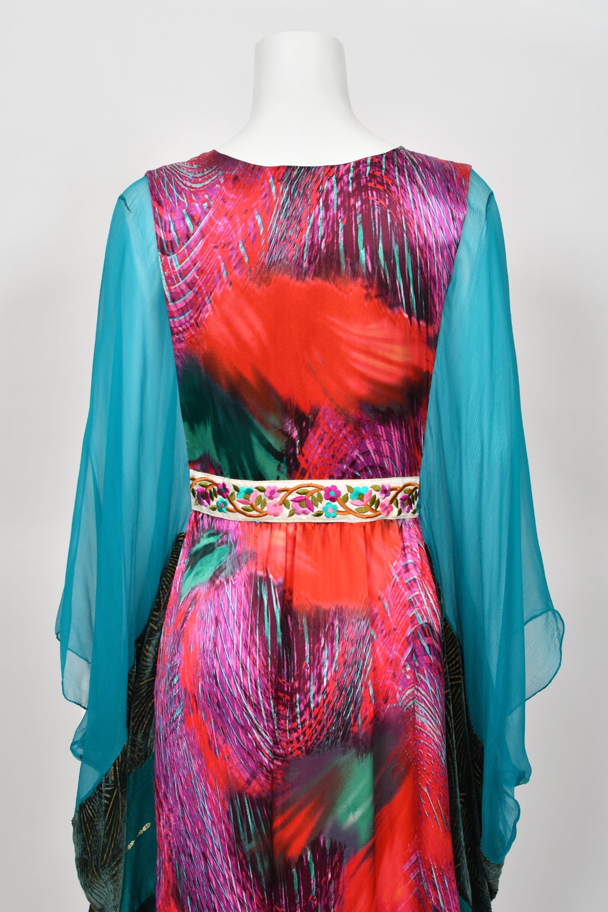 1970 Thea Porter Couture Colorful Patchwork Sheer Silk Bohemian Abaya Caftan