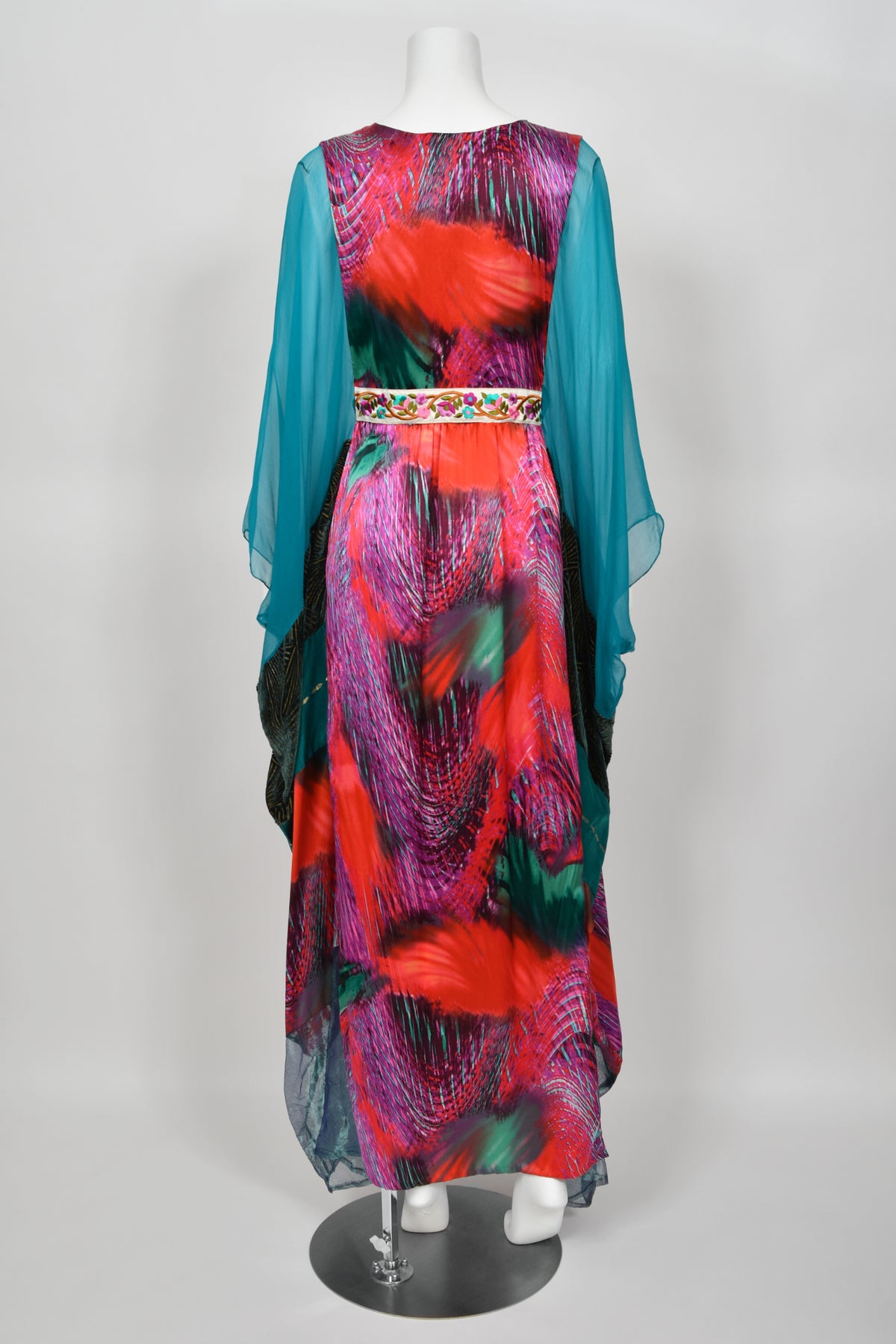 1970 Thea Porter Couture Colorful Patchwork Sheer Silk Bohemian Abaya Caftan