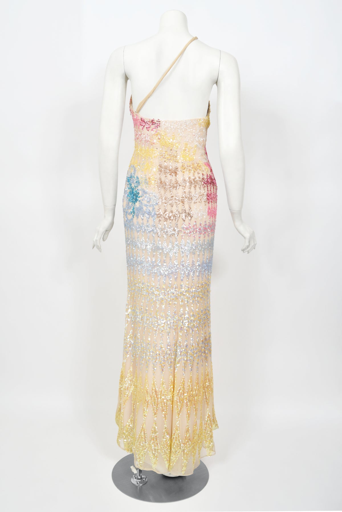 1990's Mike Benet Rainbow Sequin Silk Asymmetric Hourglass Versace-Like Gown