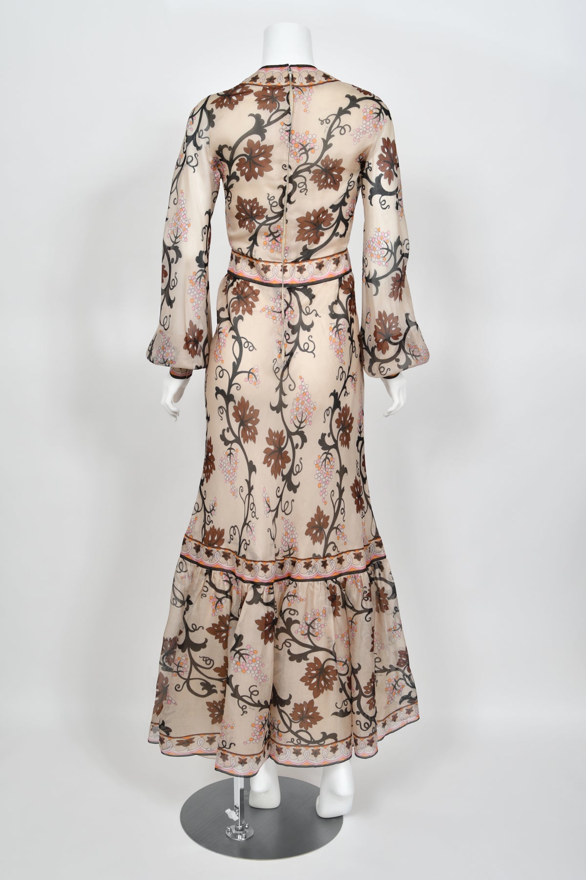 1972 Emilio Pucci Grapevine Motif Sheer Silk Organza Billow-Sleeve Maxi Dress