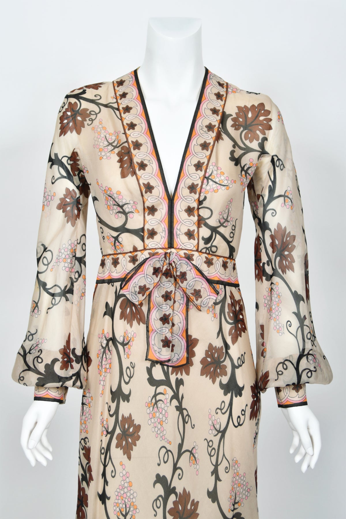 1972 Emilio Pucci Grapevine Motif Sheer Silk Organza Billow-Sleeve Maxi Dress
