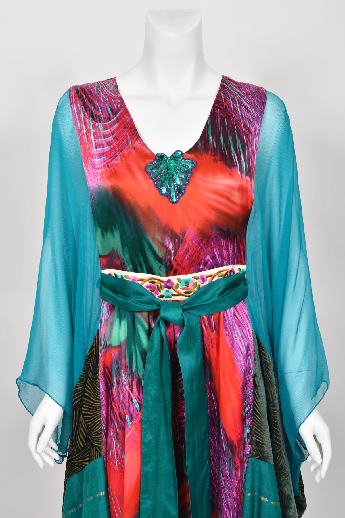 1970 Thea Porter Couture Colorful Patchwork Sheer Silk Bohemian Abaya Caftan
