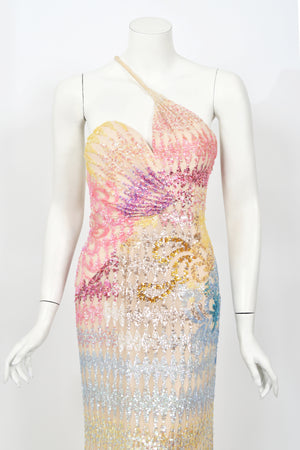 1990's Mike Benet Rainbow Sequin Silk Asymmetric Hourglass Versace-Like Gown