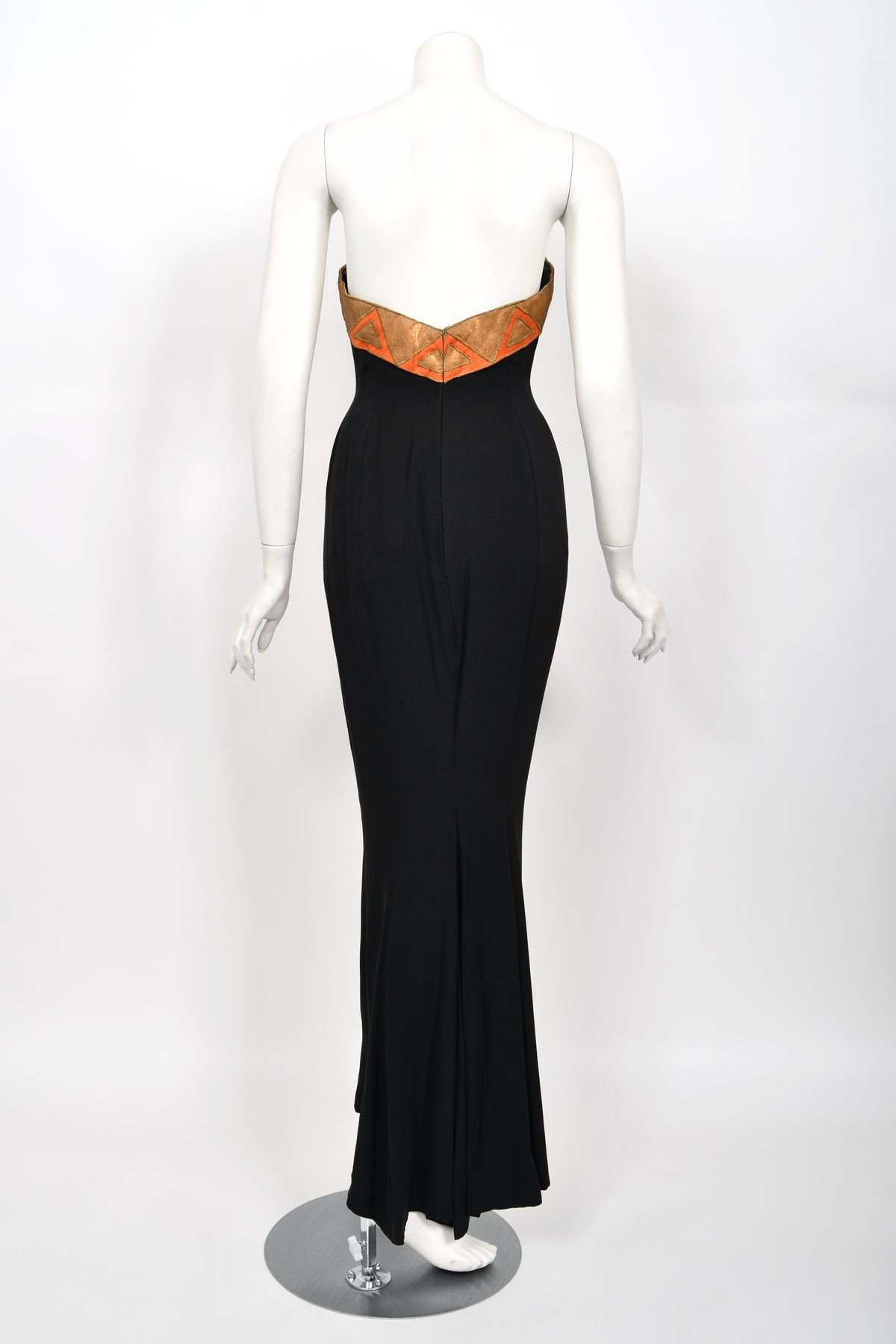 1950&#39;s Yma Sumac Custom Couture Black &amp; Orange Silk Hourglass Gown Ensemble