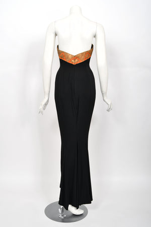 1950's Yma Sumac Custom Couture Black & Orange Silk Hourglass Gown Ensemble