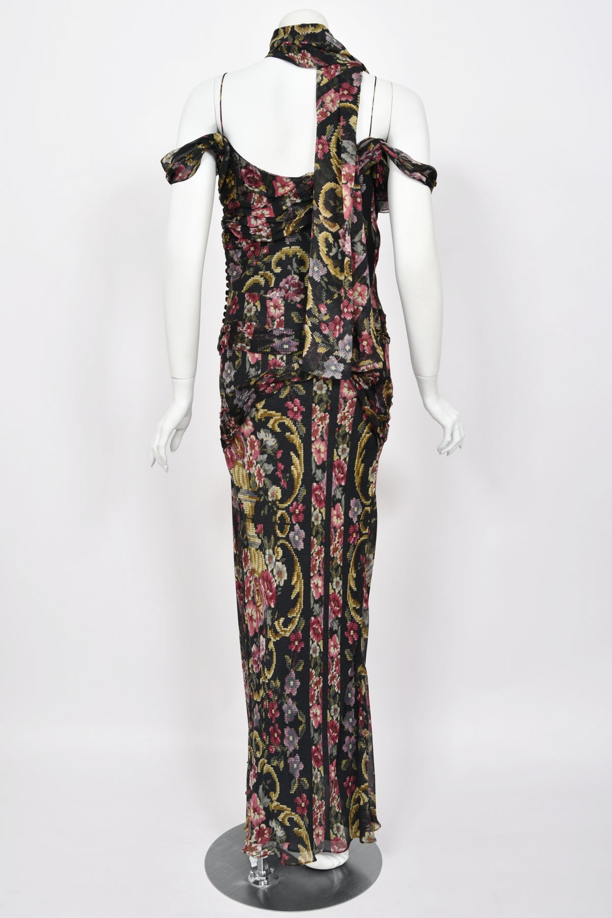 2004 John Galliano Needlepoint Floral Print Silk Bias-Cut Gown w/ Matching Scarf