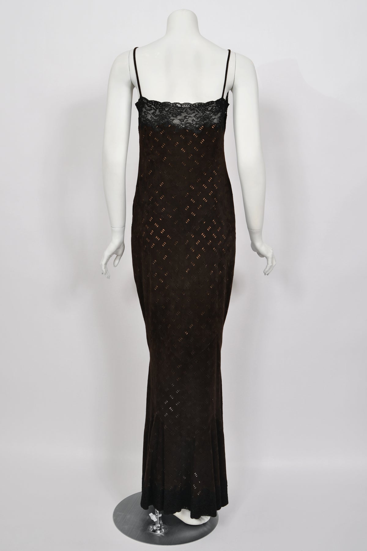 1999 Christian Dior by John Galliano Brown Suede &amp; Sheer Lace Bias-Cut Slip Gown w/ Shawl