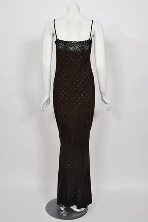 1999 Christian Dior by John Galliano Brown Suede & Sheer Lace Bias-Cut Slip Gown w/ Shawl