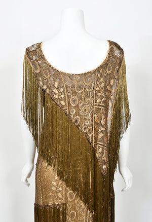 1920's Metallic Gold Lamé Lace Flapper Fringe Margot Robbie Film-Worn Dress