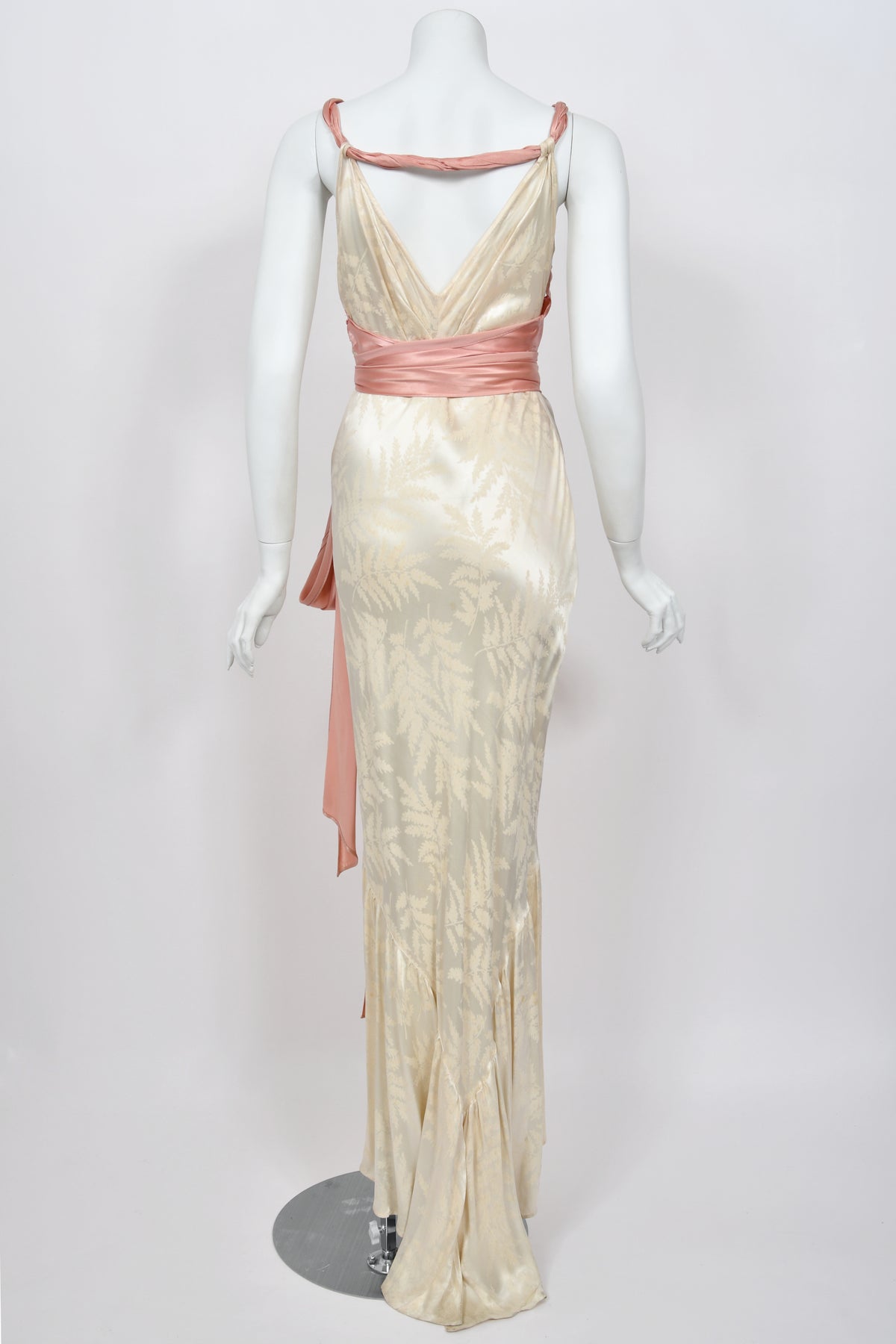 1930’s Ivory Leaf Motif & Blush Pink Silk Satin Floral Appliqué Bias-Cut Trained Couture Gown