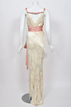 1930’s Ivory Leaf Motif & Blush Pink Silk Satin Floral Appliqué Bias-Cut Trained Couture Gown