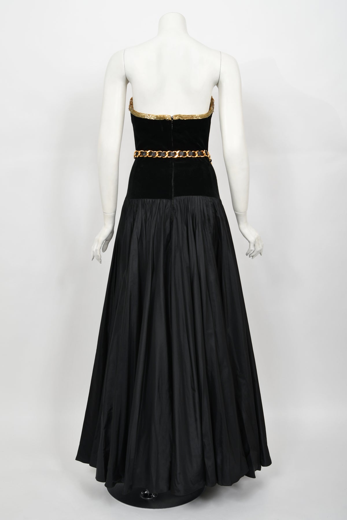 1985 Chanel Documented Runway Metallic Beaded Gold Lamé &amp; Black Silk Strapless Gown