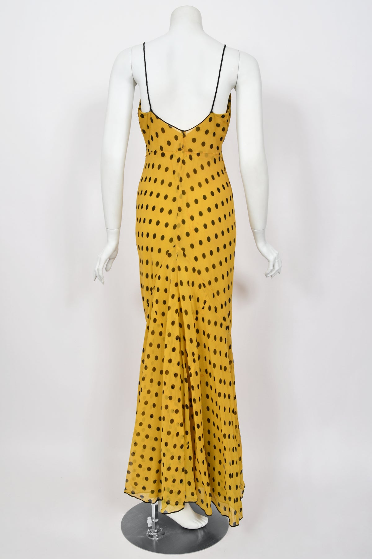 1930&#39;s Germaine Monteil Couture Polka Dot Silk Appliqué Bias-Cut Gown w/ Capelet
