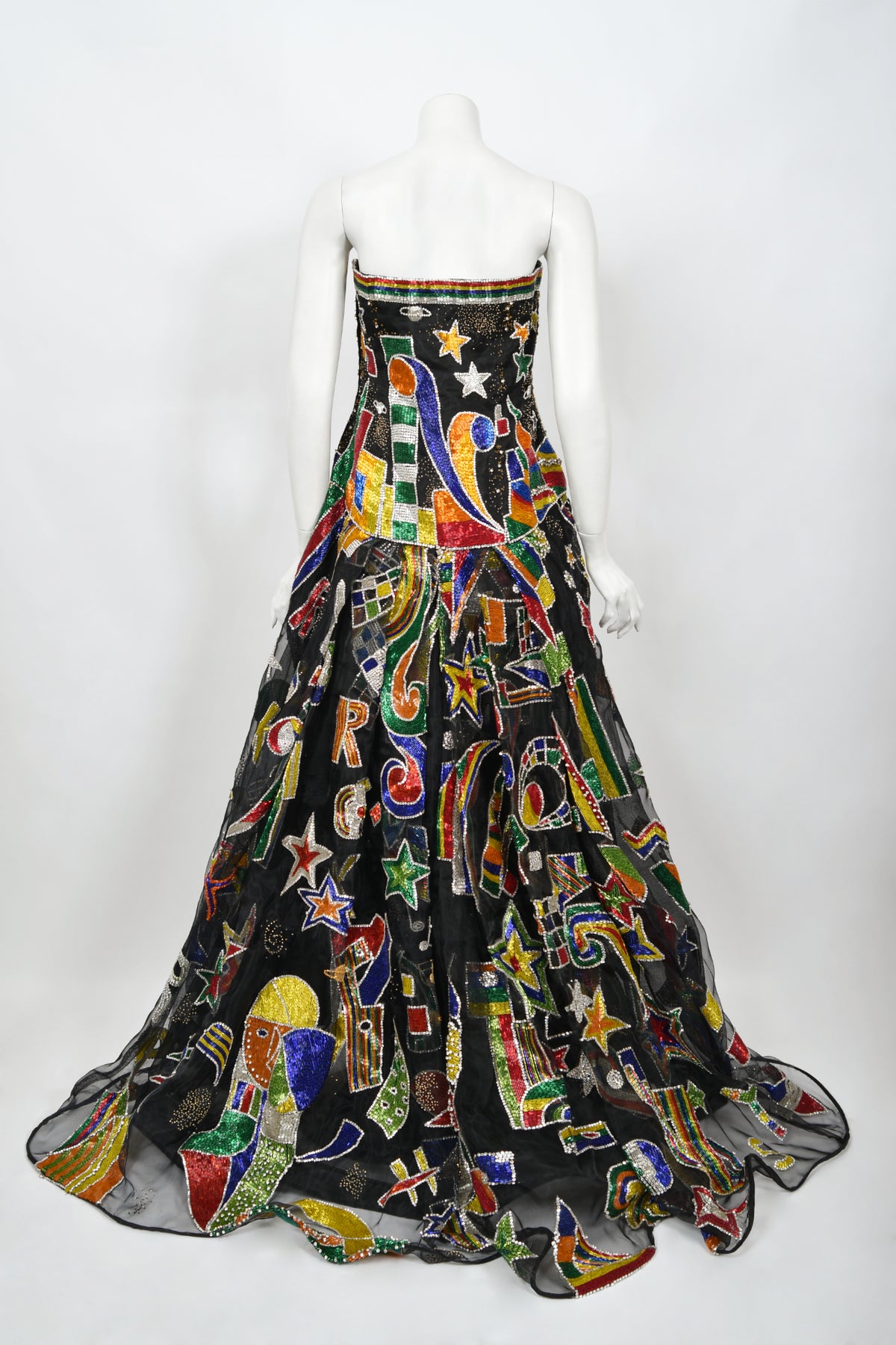 1989 Gianni Versace Haute Couture Beaded Circus Novelty Strapless Gown and Shawl