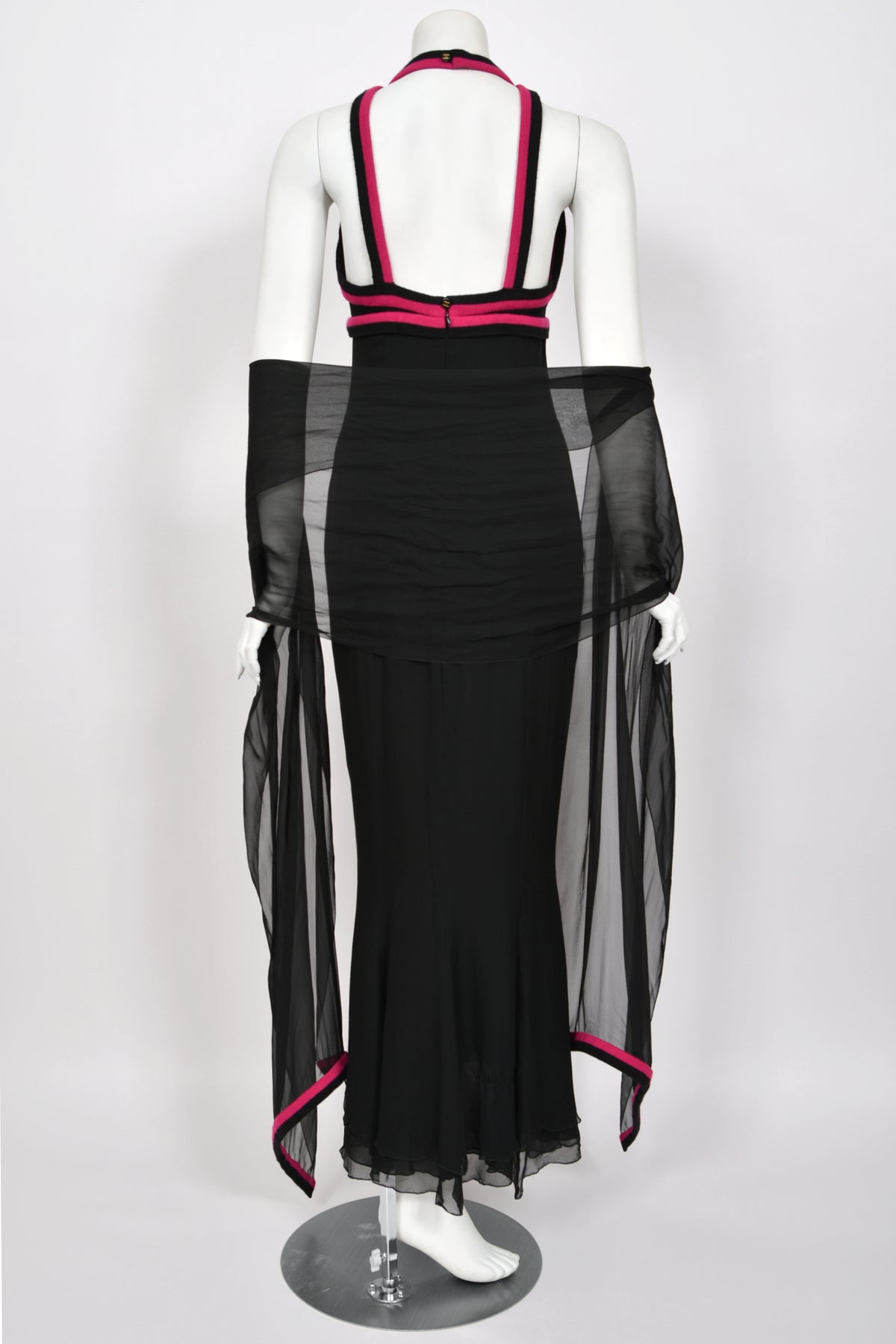 1994 Chanel by Karl Lagerfeld Black Sheer Silk Chiffon Pink Cashmere Trimmed Maxi Dress w/ Shawl