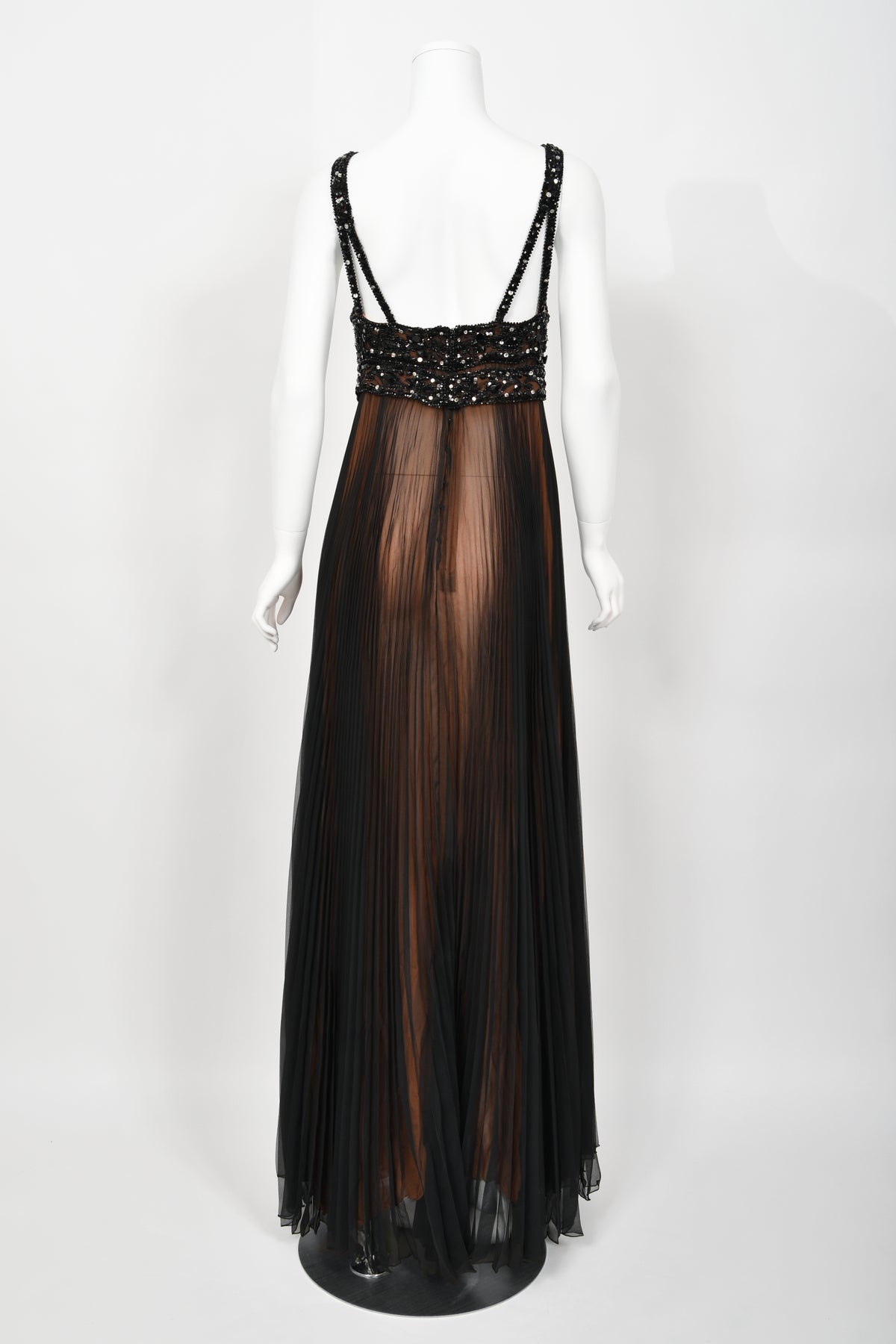 1969 Bob Mackie Couture Documented Beaded Nude-Illusion Pleated Silk Cape Gown