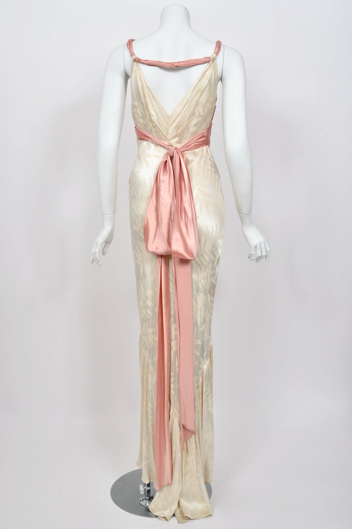 1930’s Ivory Leaf Motif & Blush Pink Silk Satin Floral Appliqué Bias-Cut Trained Couture Gown