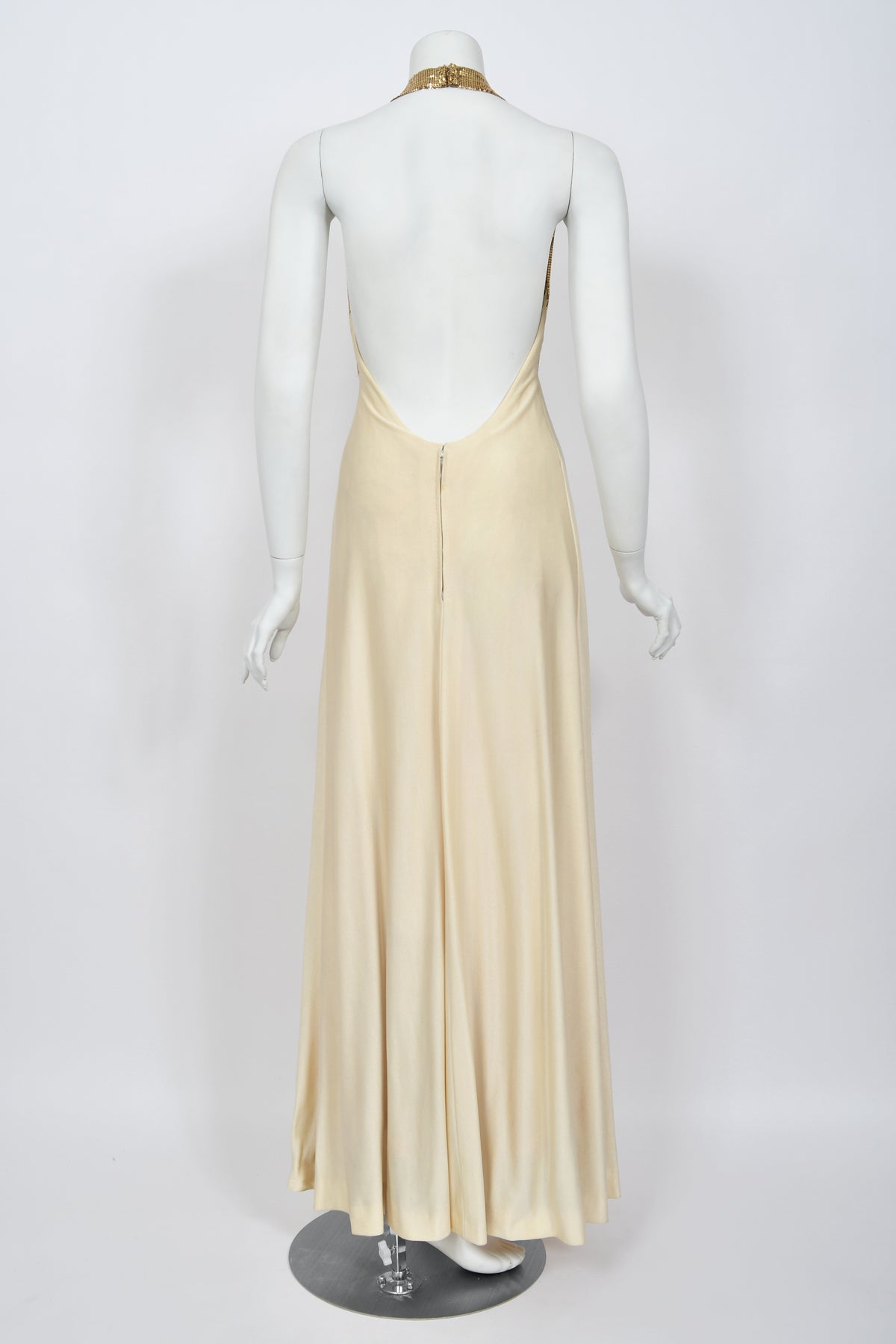 1972 Loris Azzaro Couture Ivory Silk-Jersey &amp; Gold Metal Mesh Backless Gown w/ Cape