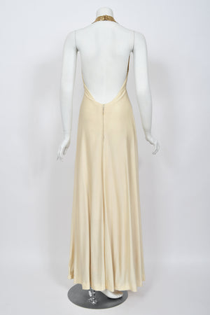 1972 Loris Azzaro Couture Ivory Silk-Jersey & Gold Metal Mesh Backless Gown w/ Cape