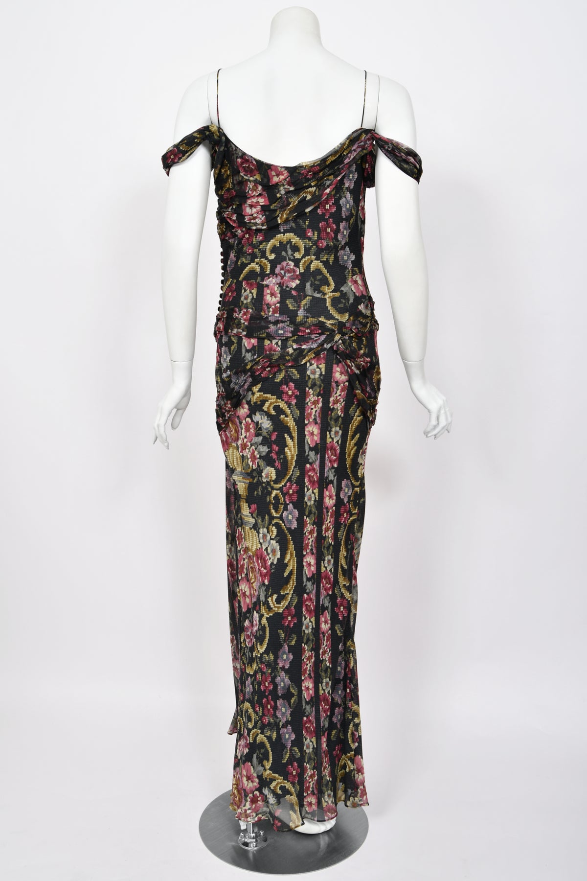 2004 John Galliano Needlepoint Floral Print Silk Bias-Cut Gown w/ Matching Scarf