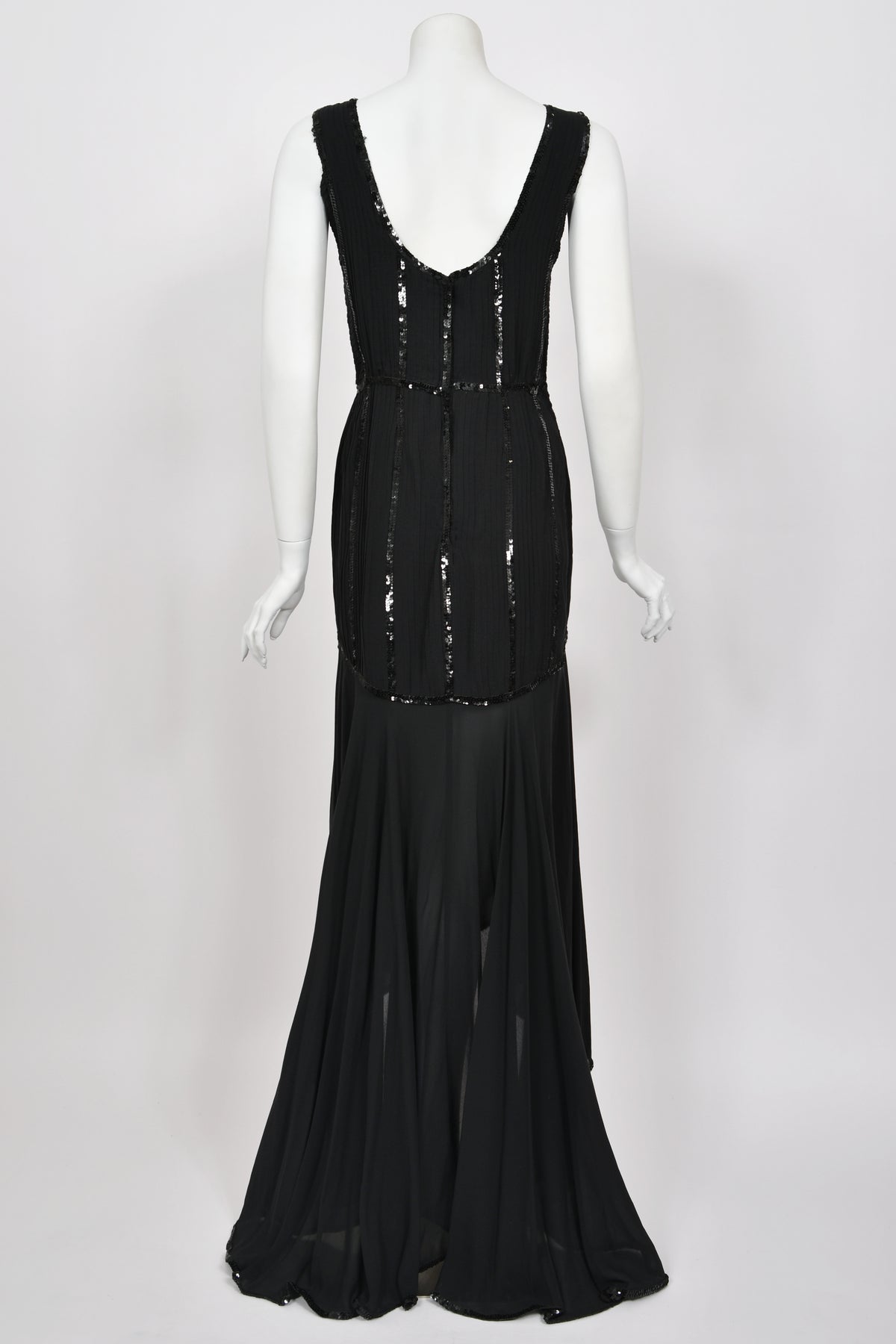 1983 Chanel by Karl Lagerfeld Sequin Pleated Black Silk Crepe High-Low Gown w/ Matching Jacket