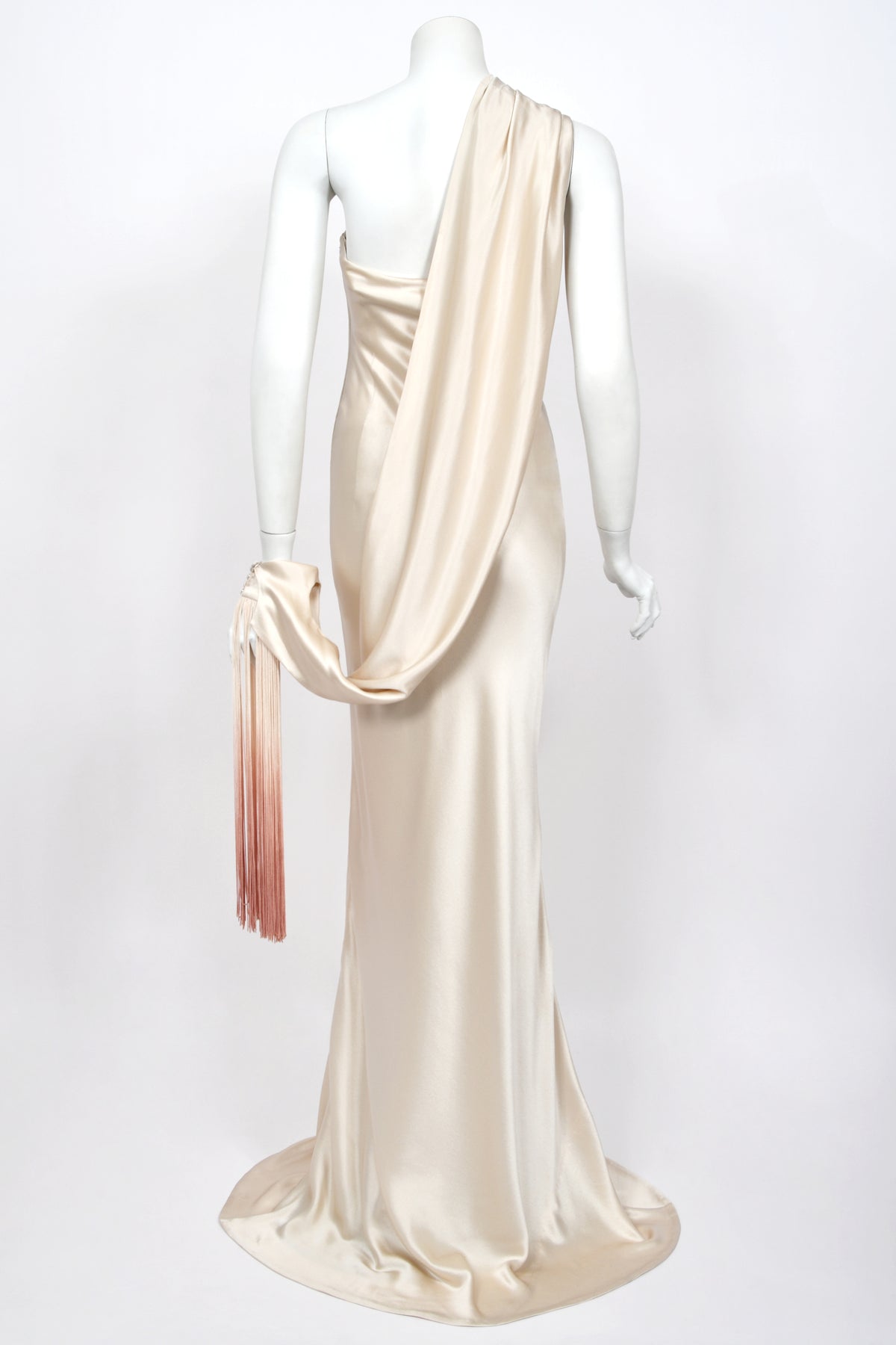 2009 Alexander McQueen Ivory Silk Draped Sleeve Ombré Fringe Bias-Cut Gown w/Tags