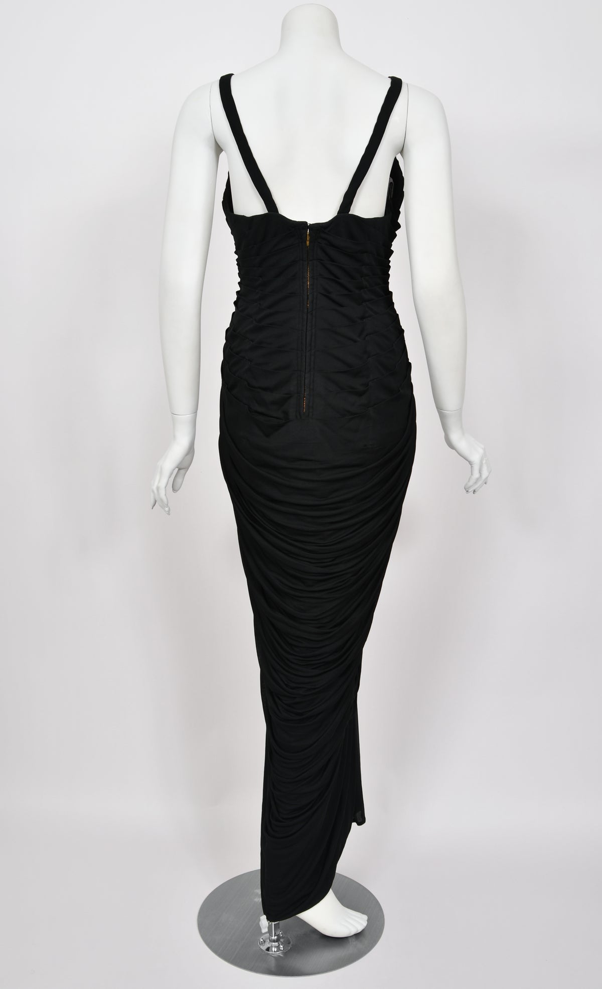 1964 Yma Sumac Documented Custom Couture Ruched Black Silk Hourglass Gown w/ Cape