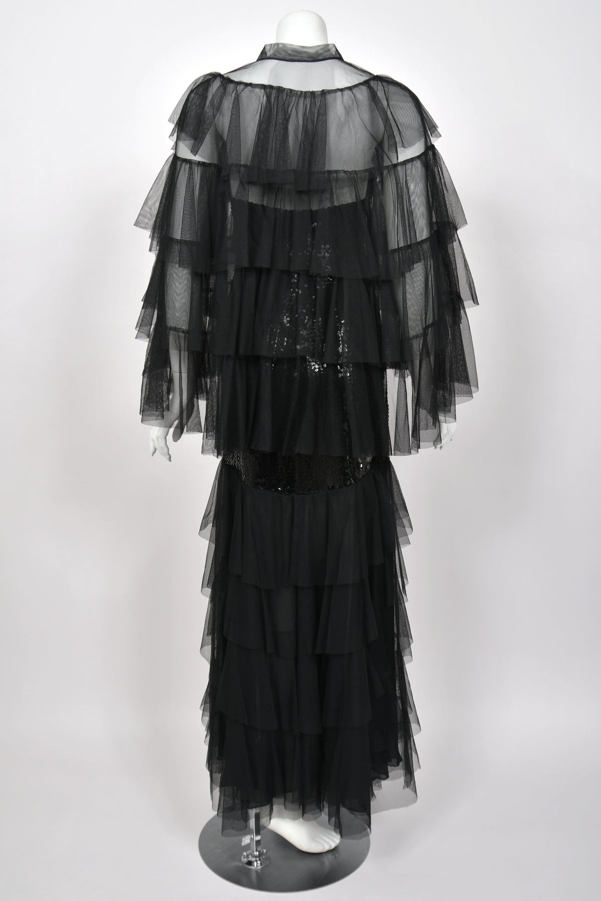 1978 Loris Azzaro Couture Black Sequin Strapless Tiered-Ruffle Gown & Sheer Capelet