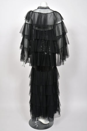 1978 Loris Azzaro Couture Black Sequin Strapless Tiered-Ruffle Gown & Sheer Capelet