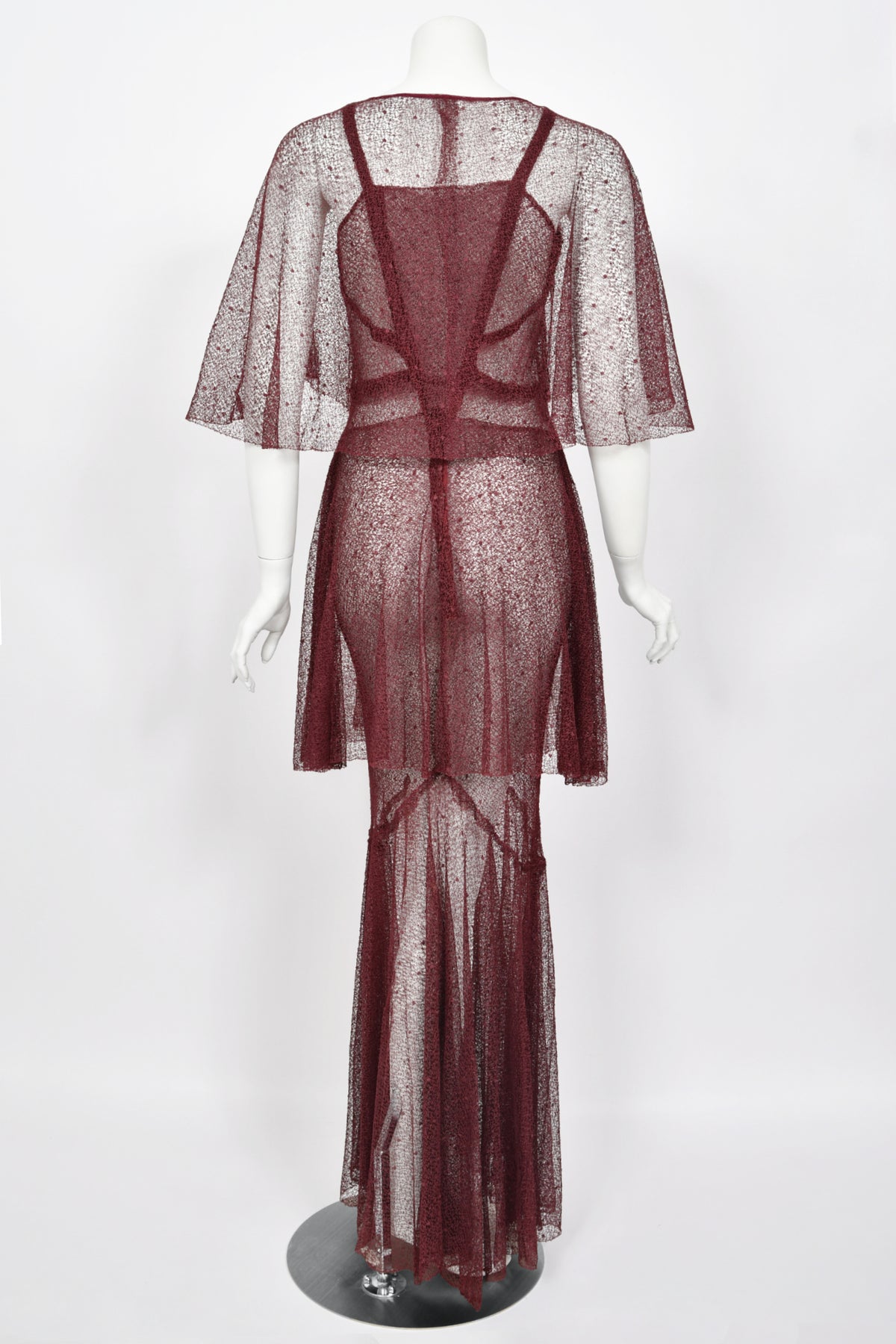 1930's French Sheer Burgundy Lace Tiered Bias-Cut Gown & Matching Capelet