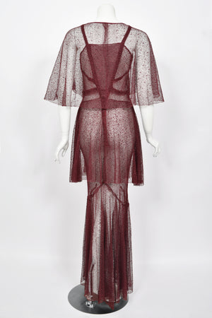 1930's French Sheer Burgundy Lace Tiered Bias-Cut Gown & Matching Capelet